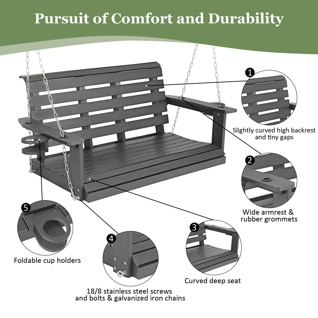 Poly Lumber 2-Seat Porch Swing, HIPS 4-Feet Bench Swing with Foldable Cup Holders,18/8 Stainless Steel Hardware, High Backrest and Deep Contoured Seat (Gray, 4-feet)