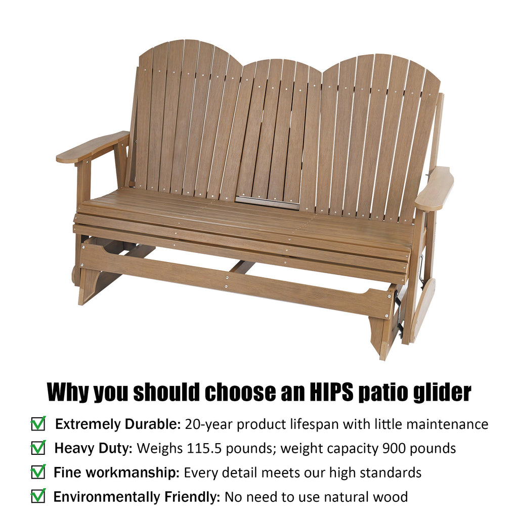 HIPS Patio Glider with Foldable Cup Holders, Durable Poly Lumber Material, All-Weather Resistant, High Backrest and Deep Contoured Seat, Heavy Duty 900 LB, for Outdoor, Porch, Patio (Brown, 3-Seat)