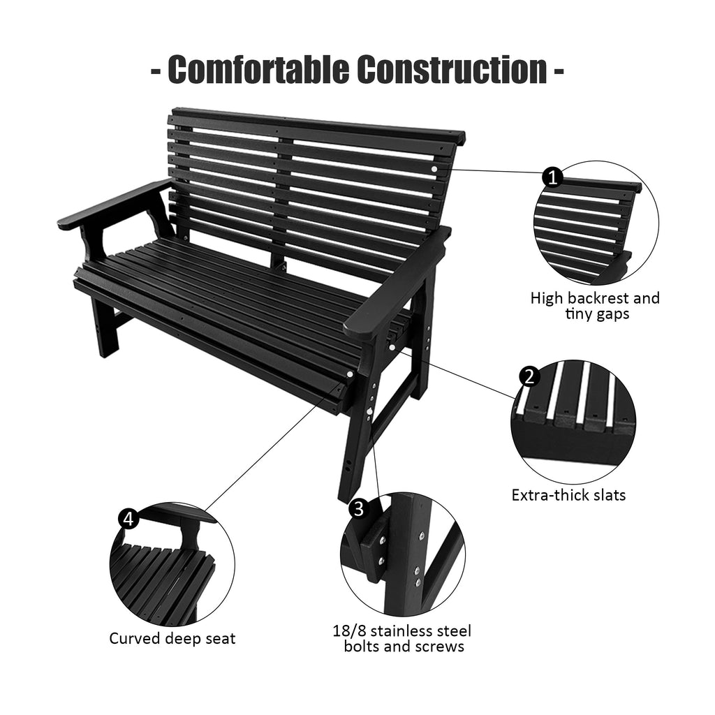 Poly Lumber Outdoor Bench, HDPE All-Weather Bench, Never Rots or Fades, for Patio, Porch, Garden and Park, 700 lbs Weight Capacity (2-Seater, Black)