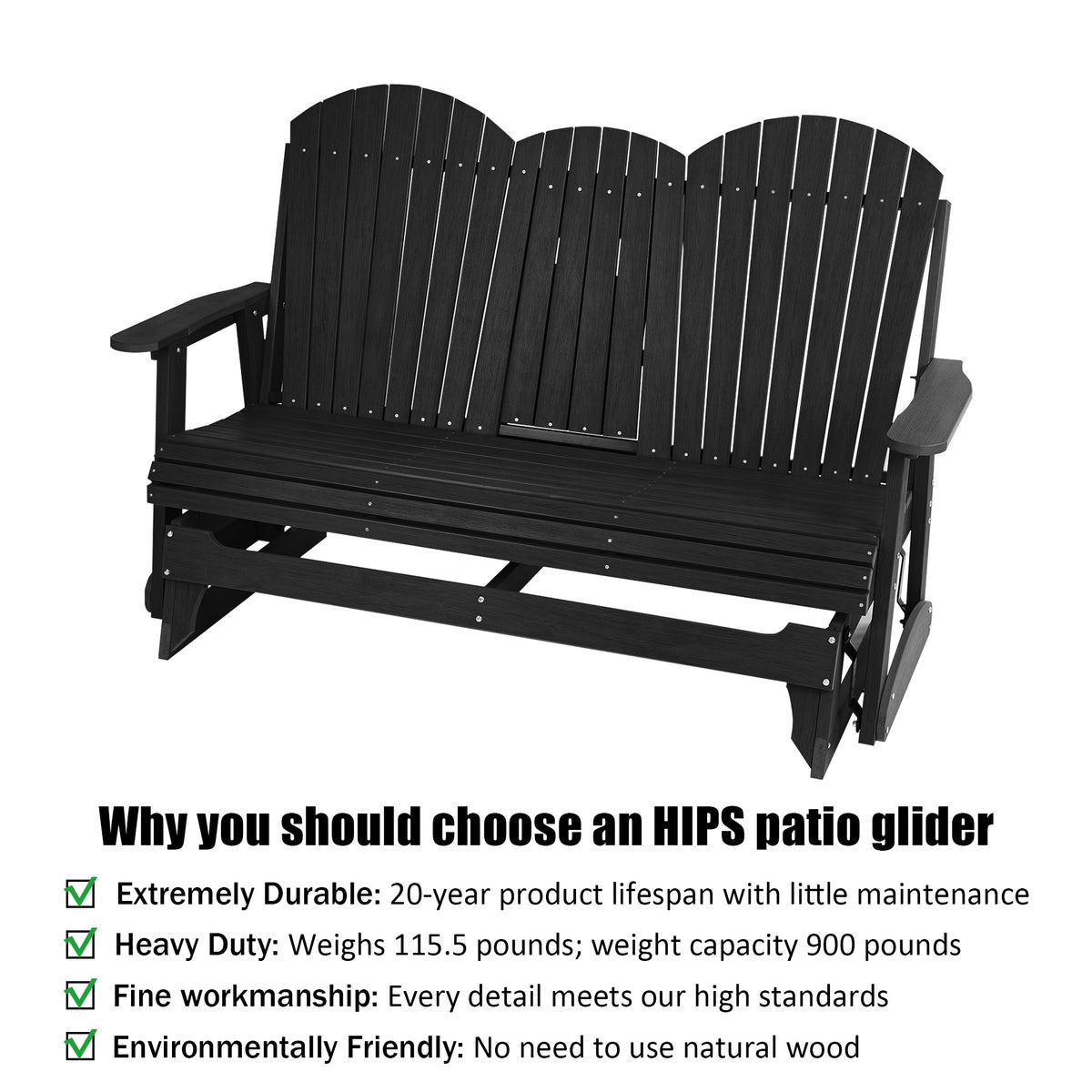 HIPS Patio Glider with Foldable Cup Holders, Durable Poly Lumber Material, All-Weather Resistant, High Backrest and Deep Contoured Seat, Heavy Duty 900 LB, for Outdoor, Porch, Patio (Black, 3-Seat)