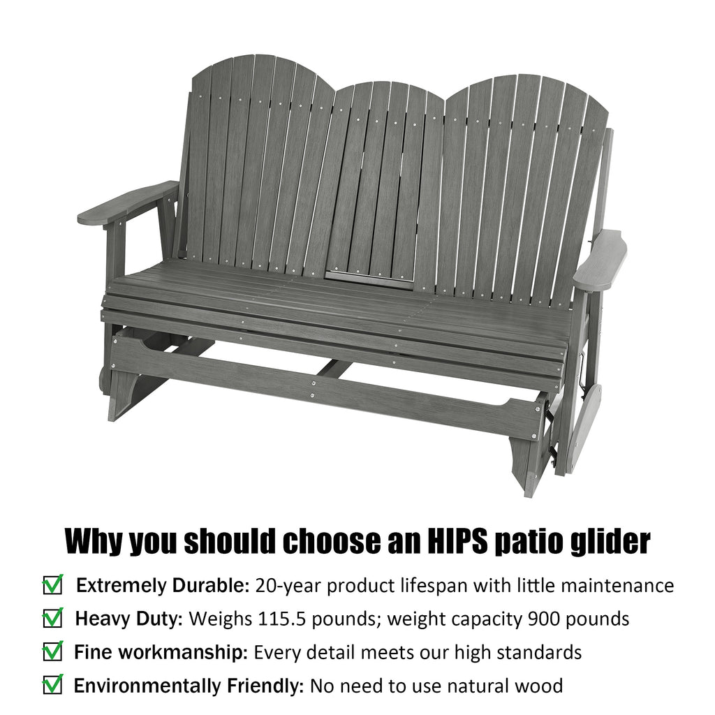 HIPS Patio Glider with Foldable Cup Holders, Durable Poly Lumber Material, All-Weather Resistant, High Backrest and Deep Contoured Seat, Heavy Duty 900 LB, for Outdoor, Porch, Patio (Gray, 3-Seat)