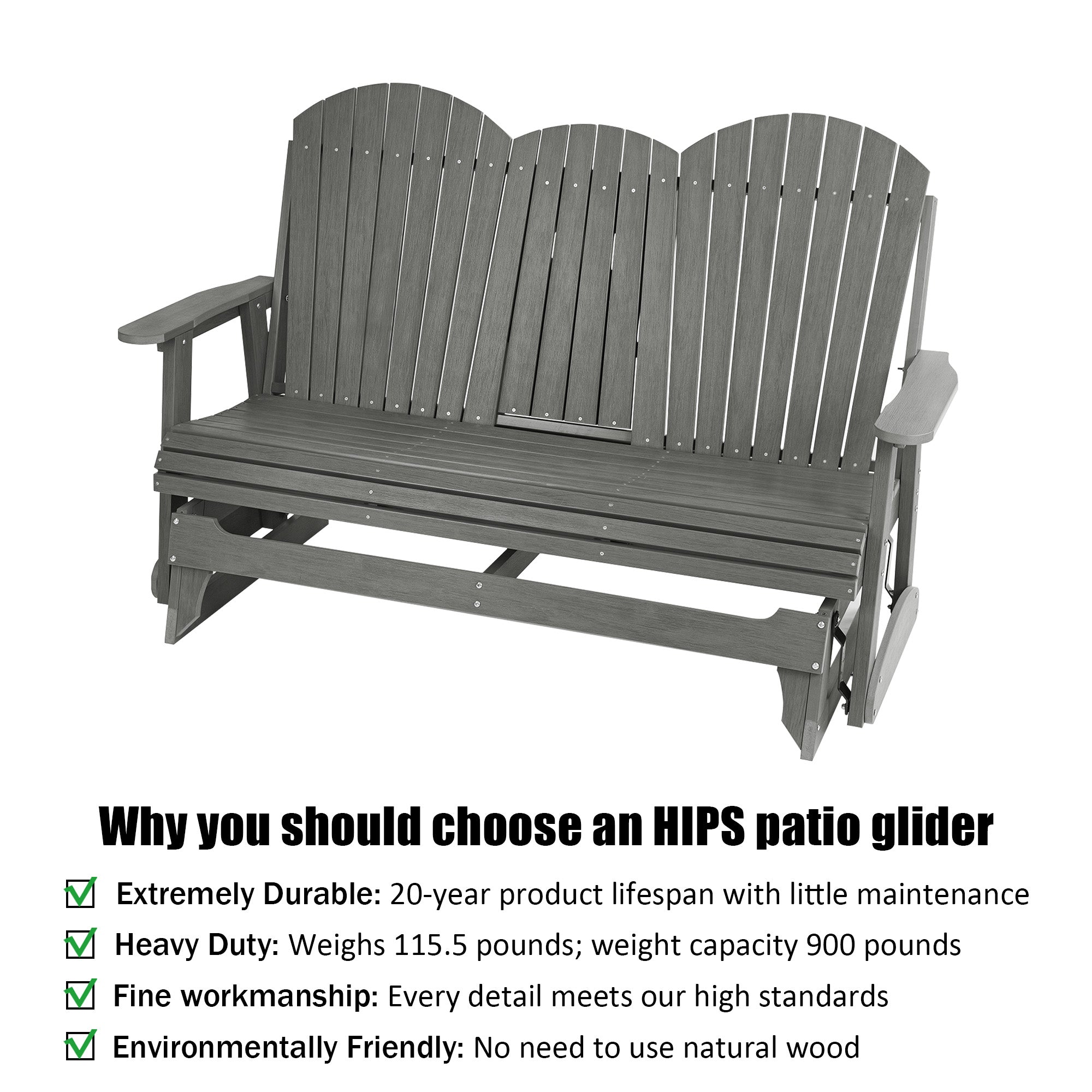 HIPS Patio Glider with Foldable Cup Holders, Durable Poly Lumber Material, All-Weather Resistant, High Backrest and Deep Contoured Seat, Heavy Duty 900 LB, for Outdoor, Porch, Patio (Gray, 3-Seat)