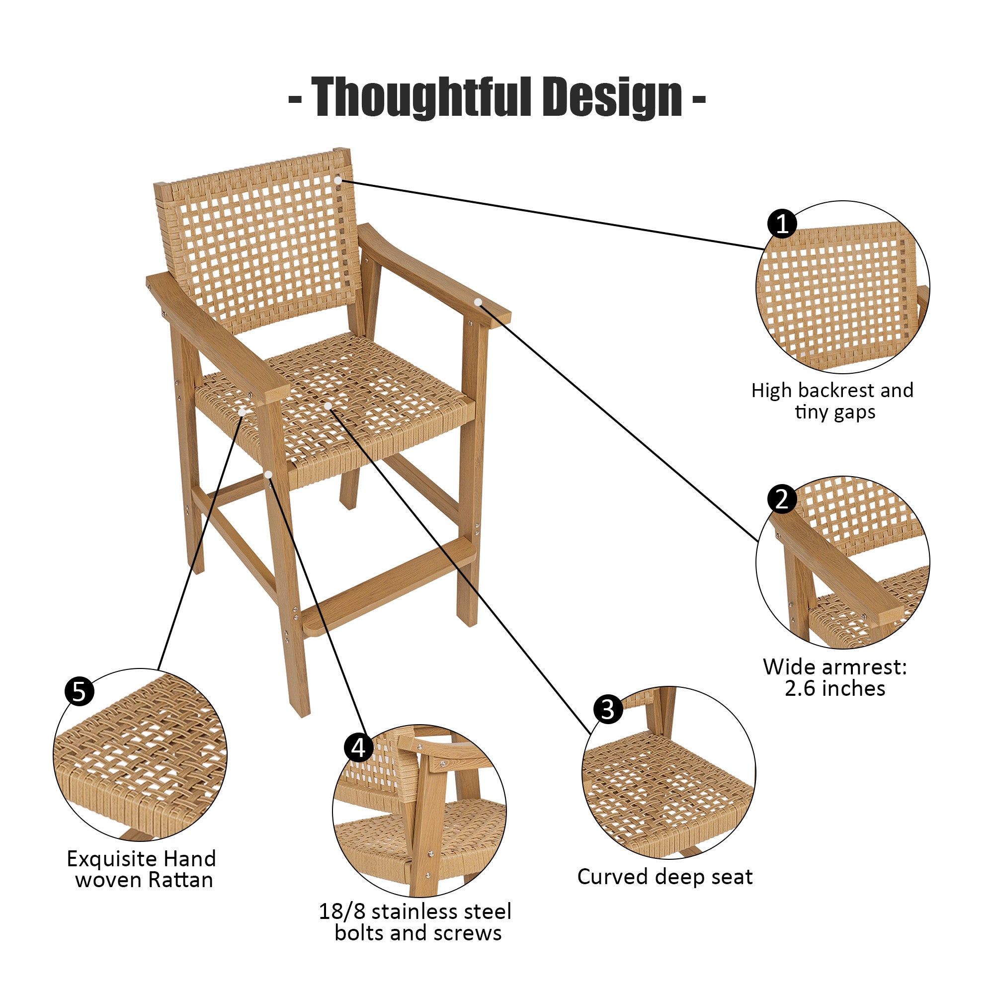 Poly Lumber Patio Bar Stools, PE Rattan Outdoor Bar Chairs, Weather Resistant, for Poolside, Garden, Yard, Balcony (Teak Tone, 2 Piece)