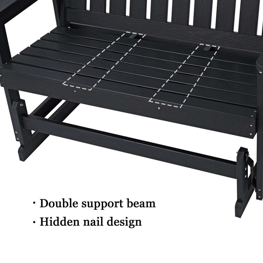 Poly Lumber Patio Glider, HIPS Material Weather-Resistant Swing Bench for Outdoor Porch Garden (Black, 2-Seater)