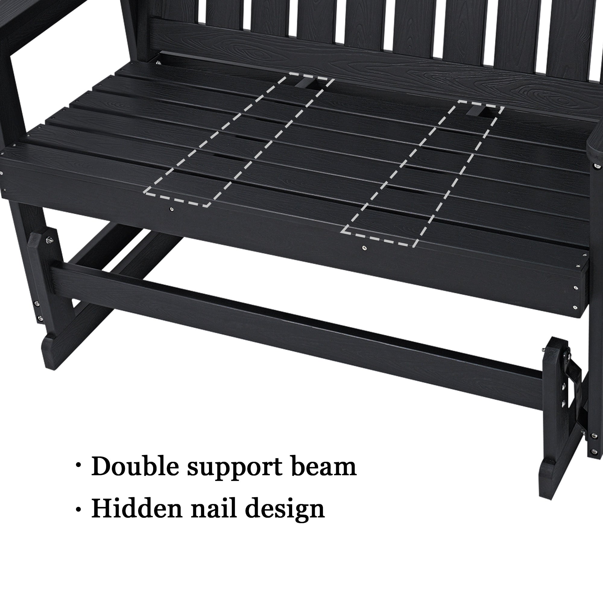 Poly Lumber Patio Glider, HIPS Material Weather-Resistant Swing Bench for Outdoor Porch Garden (Black, 2-Seater)