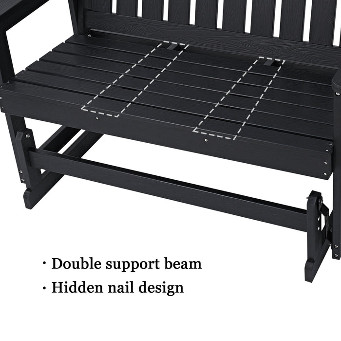 Poly Lumber Patio Glider, HIPS Material Weather-Resistant Swing Bench for Outdoor Porch Garden (Black, 2-Seater)
