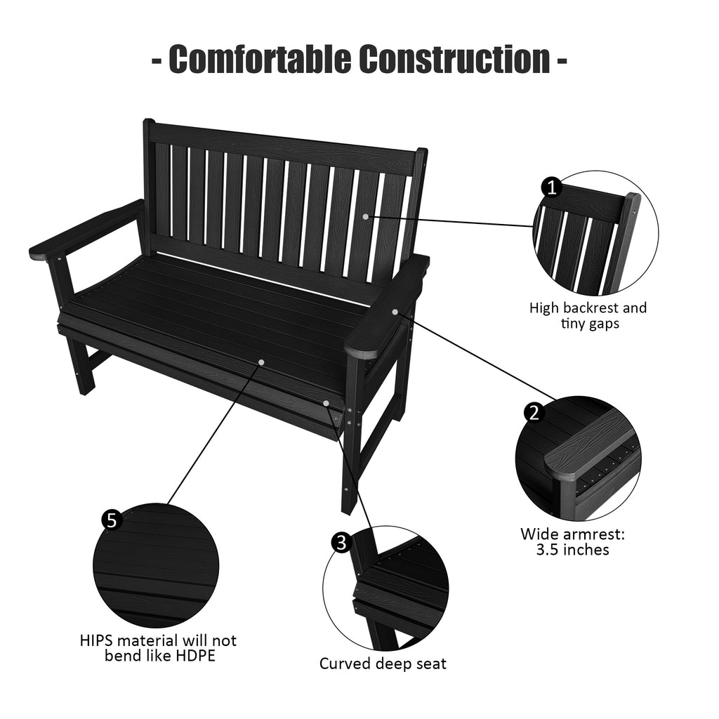 Poly Lumber Outdoor Bench, HIPS All-Weather Bench, Never Rots or Fades, for Patio, Porch, Garden and Park, 700 lbs Weight Capacity (Black, 44-inch)
