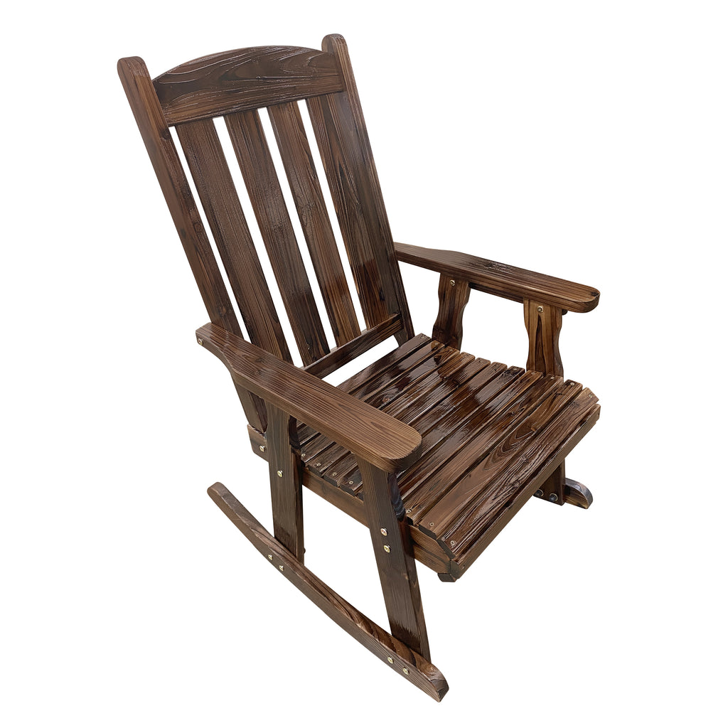 Wooden Patio Rocking Chair with Comfortable Backrest Inclination, High Backrest and Deep Contoured Seat, Solid Fir Wood, Heavy Duty 600 LBS, for Both Outdoor and Indoor (Deep Brown - 2 Pieces)
