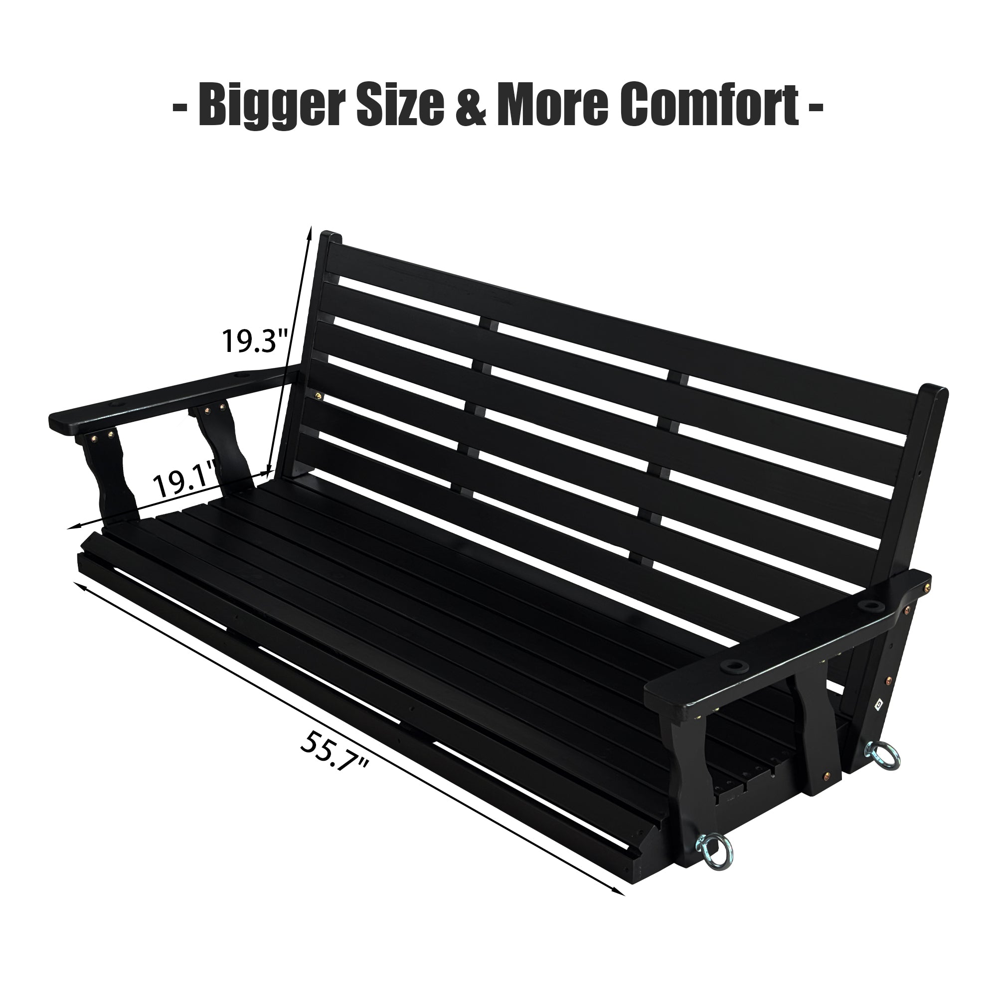Wooden Porch Swing, Ergonomic Seat, Bench Swing with Hanging Chains and 7mm Springs, Heavy Duty 800 LBS, for Outdoor Patio Garden Yard (Carbon Black, 3-Seater Extra Large)
