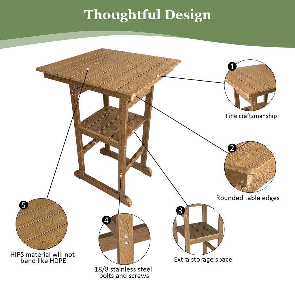 Poly Lumber Patio Bar Table, HIPS, Weather Resistant, for Outdoor, Poolside, Garden, Yard, Balcony (1 Piece, Teak Tone)