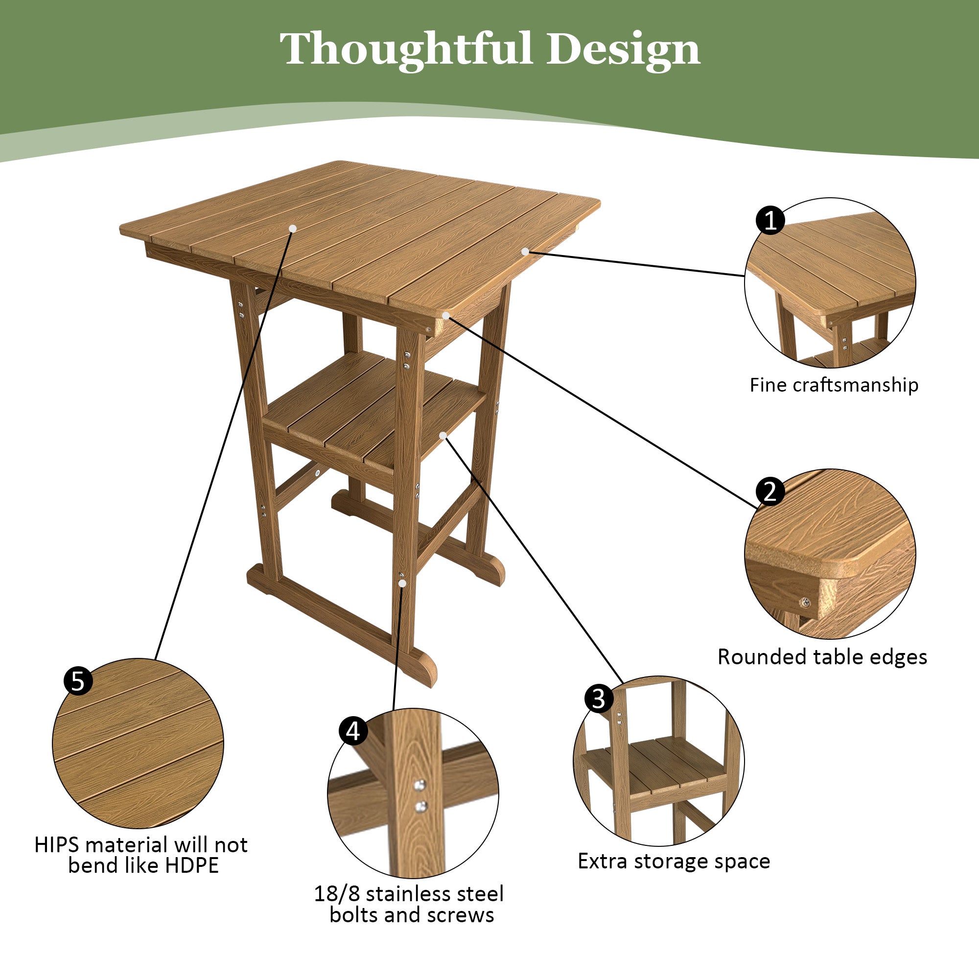 Poly Lumber Patio Bar Table, HIPS, Weather Resistant, for Outdoor, Poolside, Garden, Yard, Balcony (1 Piece, Teak Tone)