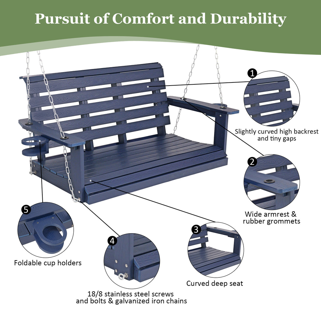 Poly Lumber 2-Seat Porch Swing, HIPS 4-Feet Bench Swing with Foldable Cup Holders,18/8 Stainless Steel Hardware, High Backrest and Deep Contoured Seat (Navy Blue, 4-feet)