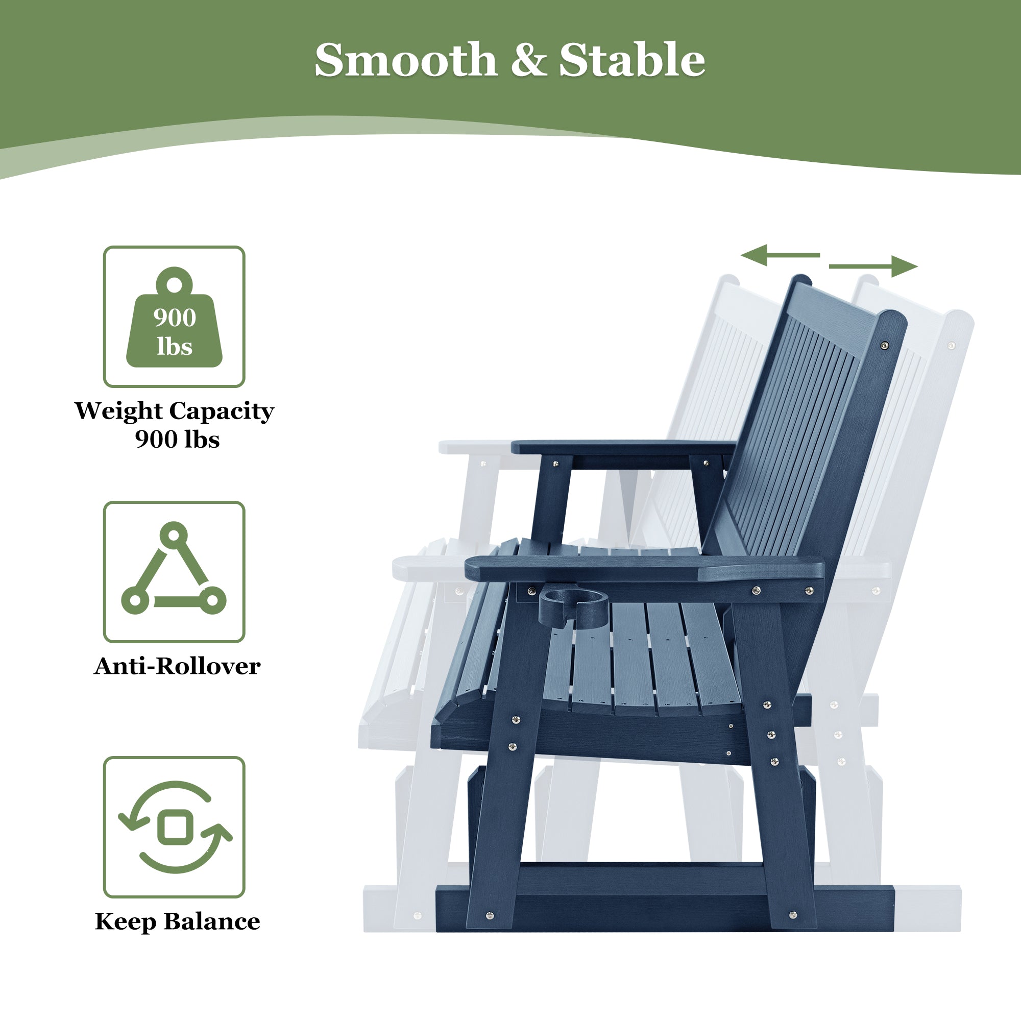 HIPS Patio Glider with Cup Holders, Durable Poly Lumber Material, All-Weather Resistant, High Backrest and Deep Contoured Seat, Heavy Duty 900 LB, for Outdoor, Porch, Patio (Navy Blue, 3-Seat)