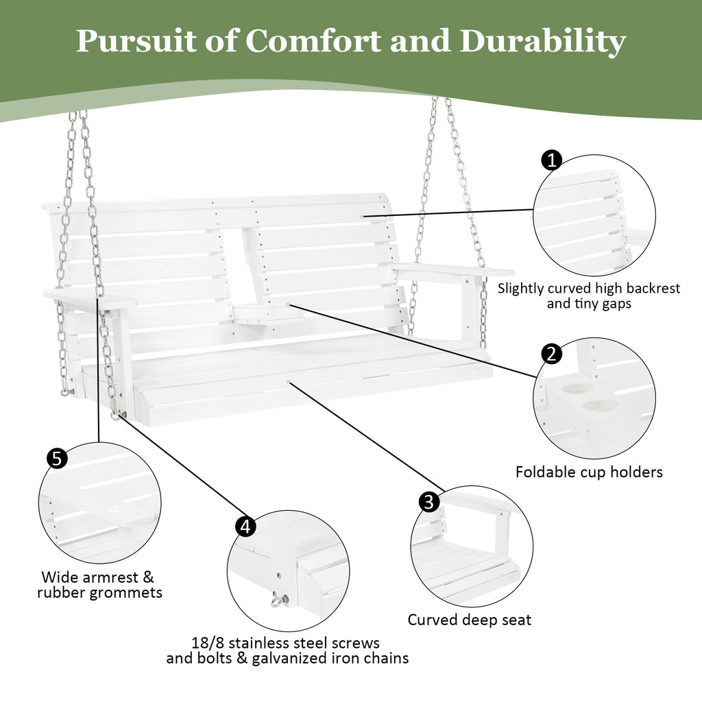 Poly Lumber 2-Seat Porch Swing, HIPS 4.5-Feet Bench Swing with Foldable Cup Holders,18/8 Stainless Steel Hardware, High Backrest and Deep Contoured Seat (Snow White, 4.5-feet)