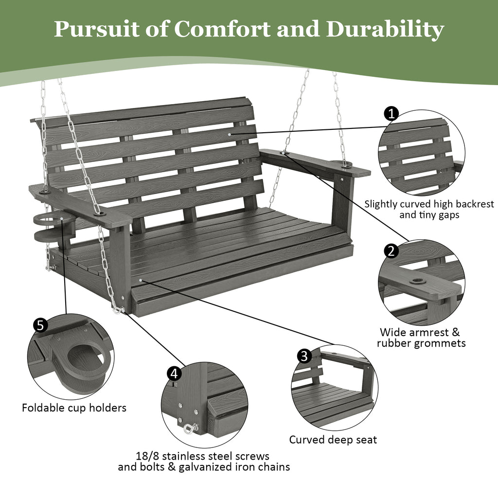 Poly Lumber 2-Seat Porch Swing, HIPS 4-Feet Bench Swing with Foldable Cup Holders,18/8 Stainless Steel Hardware, High Backrest and Deep Contoured Seat (Gray, 4-feet)
