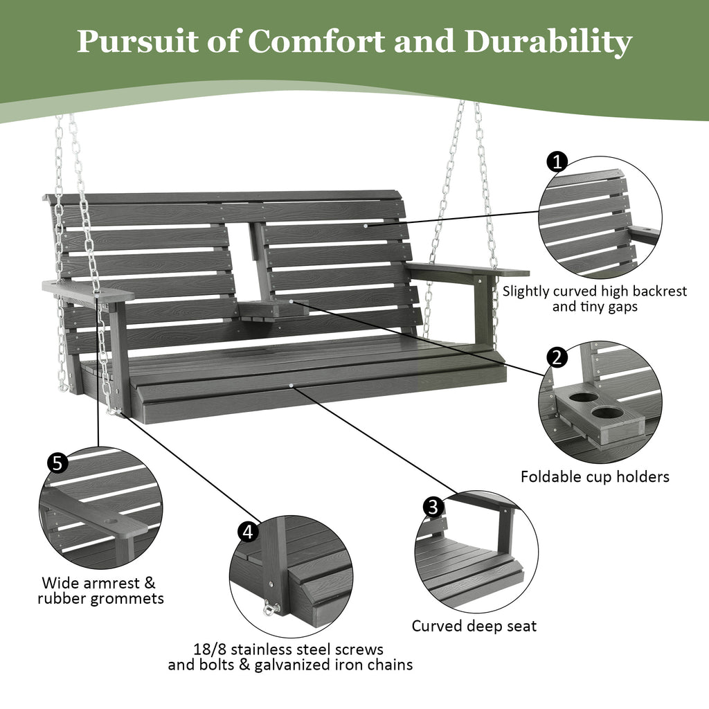 Poly Lumber 2-Seat Porch Swing, HIPS 4.5-Feet Bench Swing with Foldable Cup Holders,18/8 Stainless Steel Hardware, High Backrest and Deep Contoured Seat (Gray, 4.5-feet)