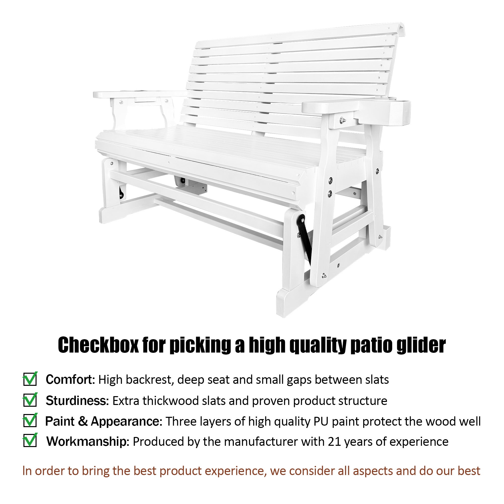 Fortune Candy Patio Glider with Cup Holders, High Roll Back and Deep Contoured Seat,Heavy Duty 800 Lb (White, 2-Seater)