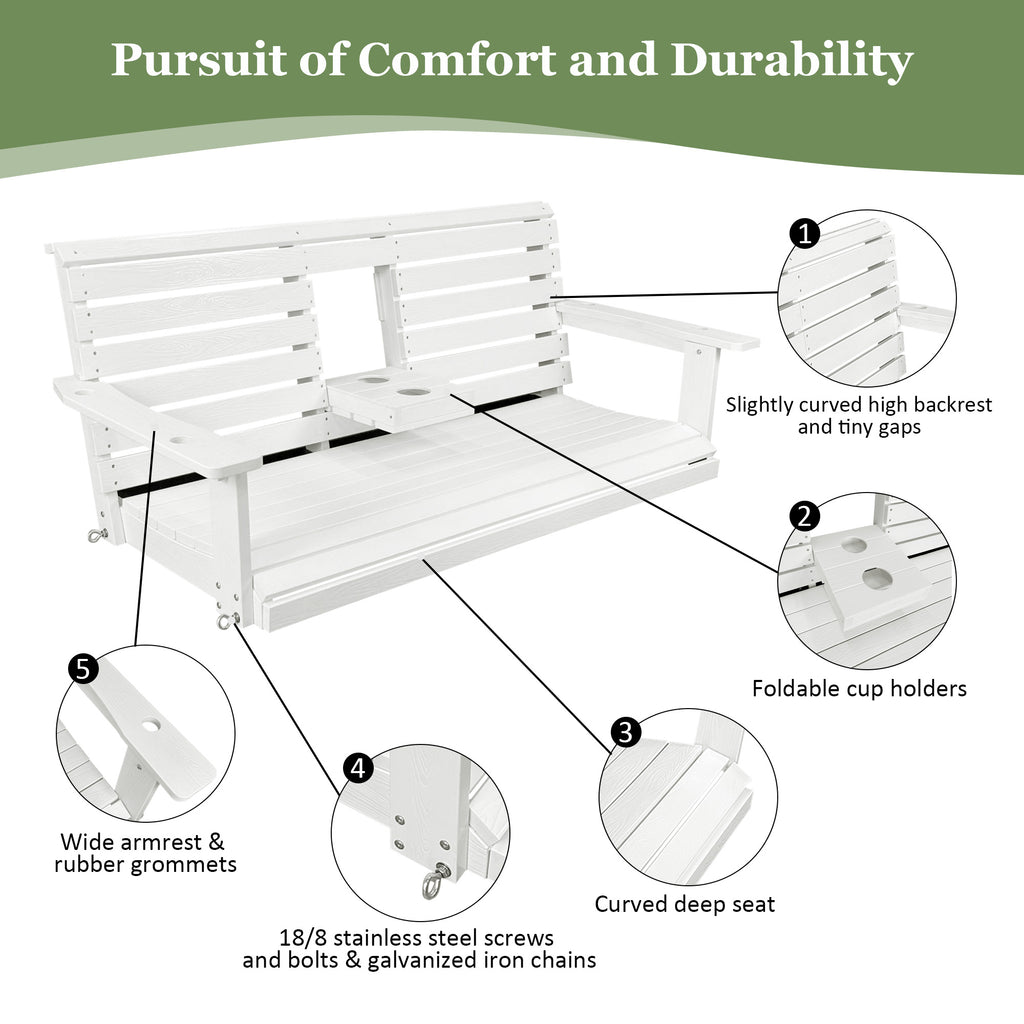 Poly Lumber 3-Seat Porch Swing, HIPS 5-Feet Bench Swing with Foldable Cup Holders,18/8 Stainless Steel Hardware, High Backrest and Deep Contoured Seat, White