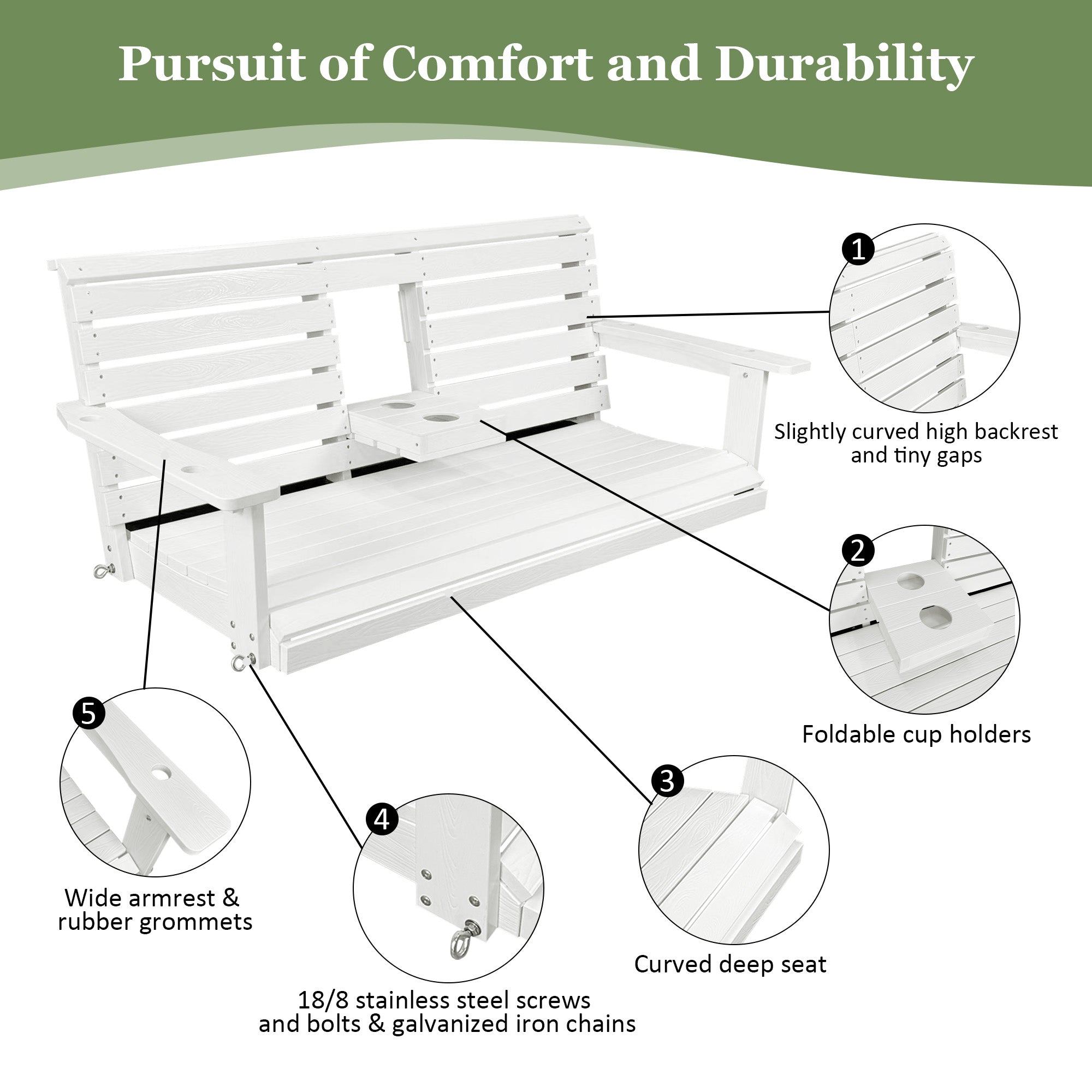 Poly Lumber 3-Seat Porch Swing, HIPS 5-Feet Bench Swing with Foldable Cup Holders,18/8 Stainless Steel Hardware, High Backrest and Deep Contoured Seat, White