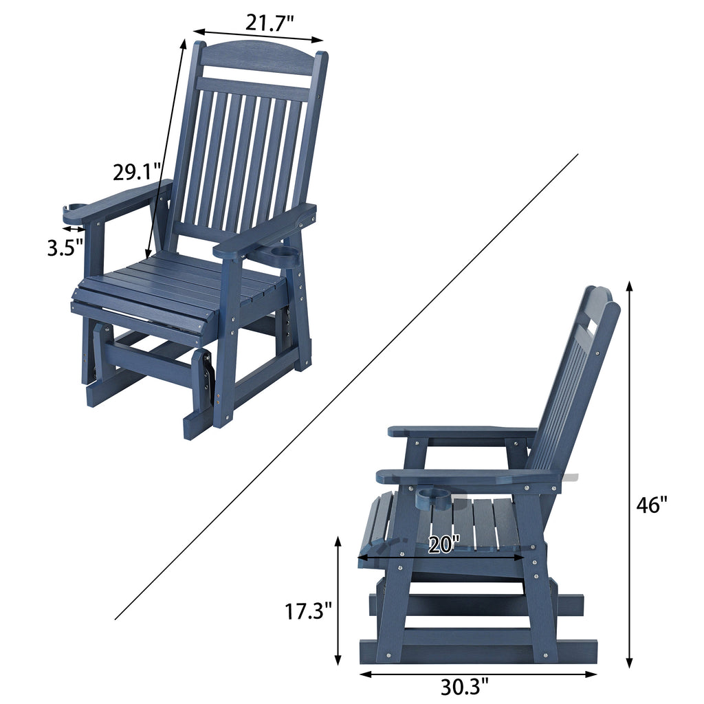 Poly Lumber Patio Glider for One Person, with Cup Holders, High Backrest and Deep Contoured Seat, HIPS Material, All-Weather Resistant, Heavy Duty 700 LBS (Navy Blue)