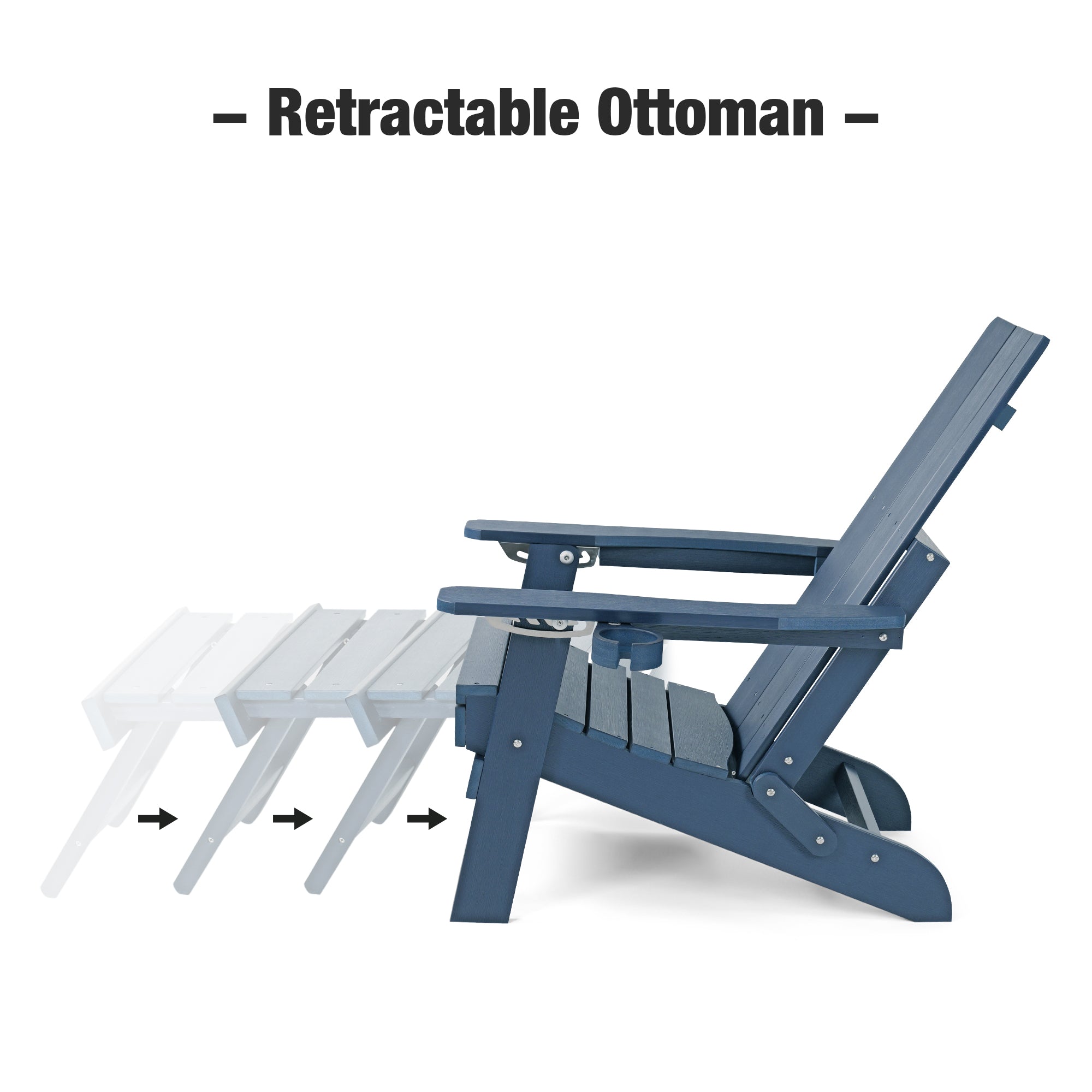 Poly Lumber Adirondack Chair with Cup Holders, Ottoman and Cushion, Adjustable Backrest, All-Weather Resistant HIPS Material, Wood-Like Pattern, Heavy Duty 700 LBS (Navy Blue)