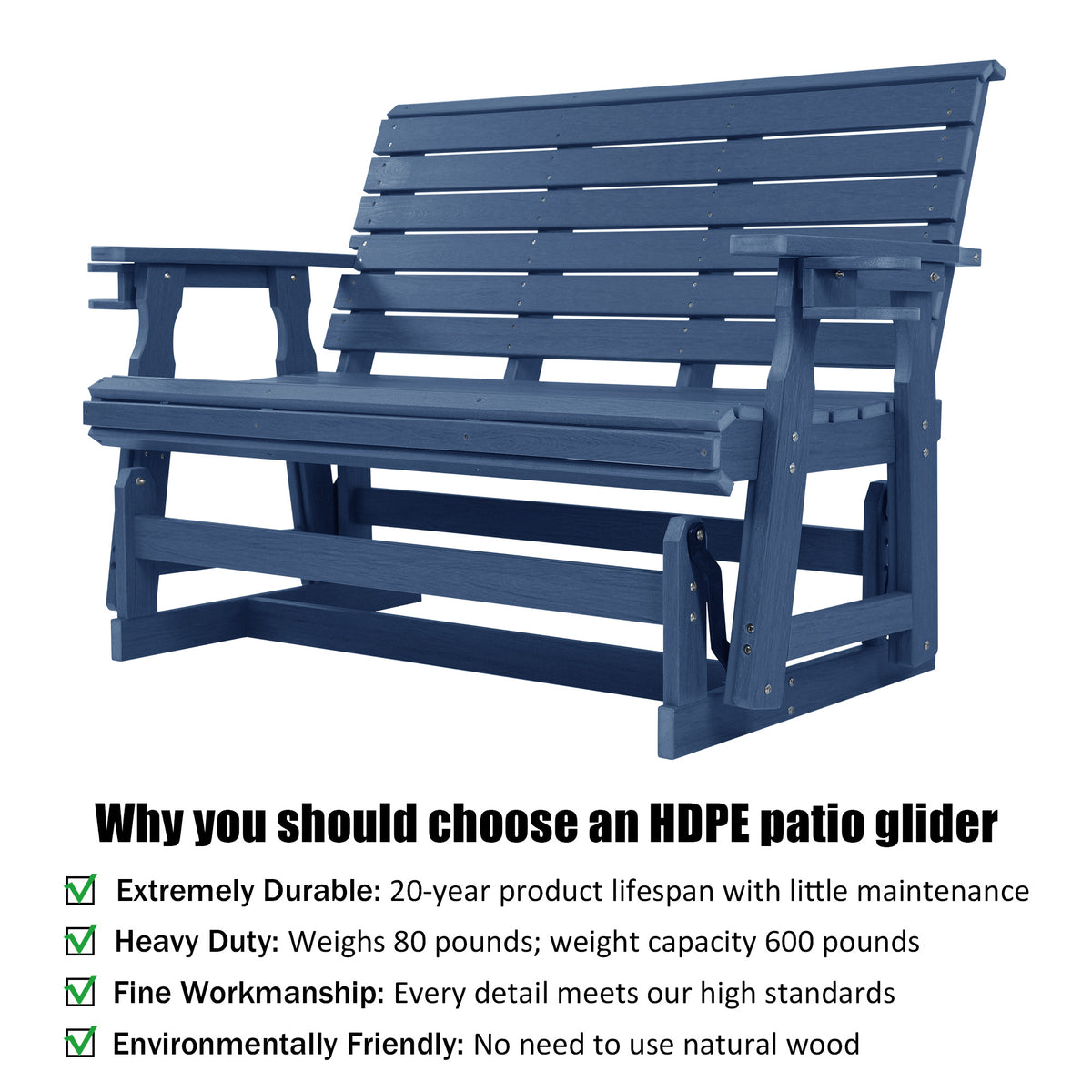 HDPE Patio Glider, Poly Lumber Weather-Resistant Outdoor Glider Bench, for Patio, Porch, Yard,  (Navy Blue, 2-Seater)