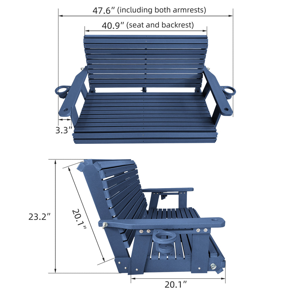 HDPE Porch Swing with 18/8 Stainless Steel Bolts, Ergonomic Design, Ultra Weather-Resistant, Heavy Duty 1200 LBS, for Outdoor Patio Garden Yard（Navy Blue）