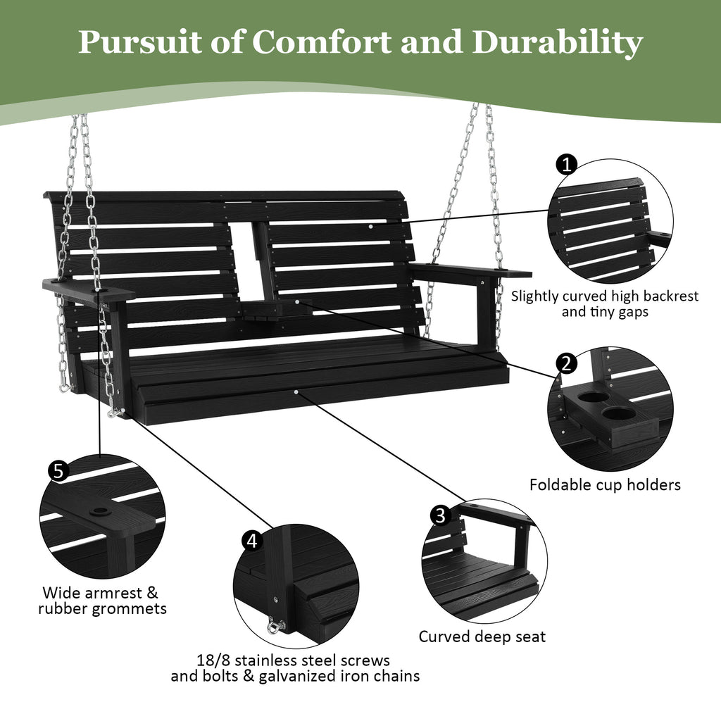 Poly Lumber 3-Seat Porch Swing, HIPS 5-Feet Bench Swing with Foldable Cup Holders,18/8 Stainless Steel Hardware, High Backrest and Deep Contoured Seat (Carbon Black, 4.5-feet)