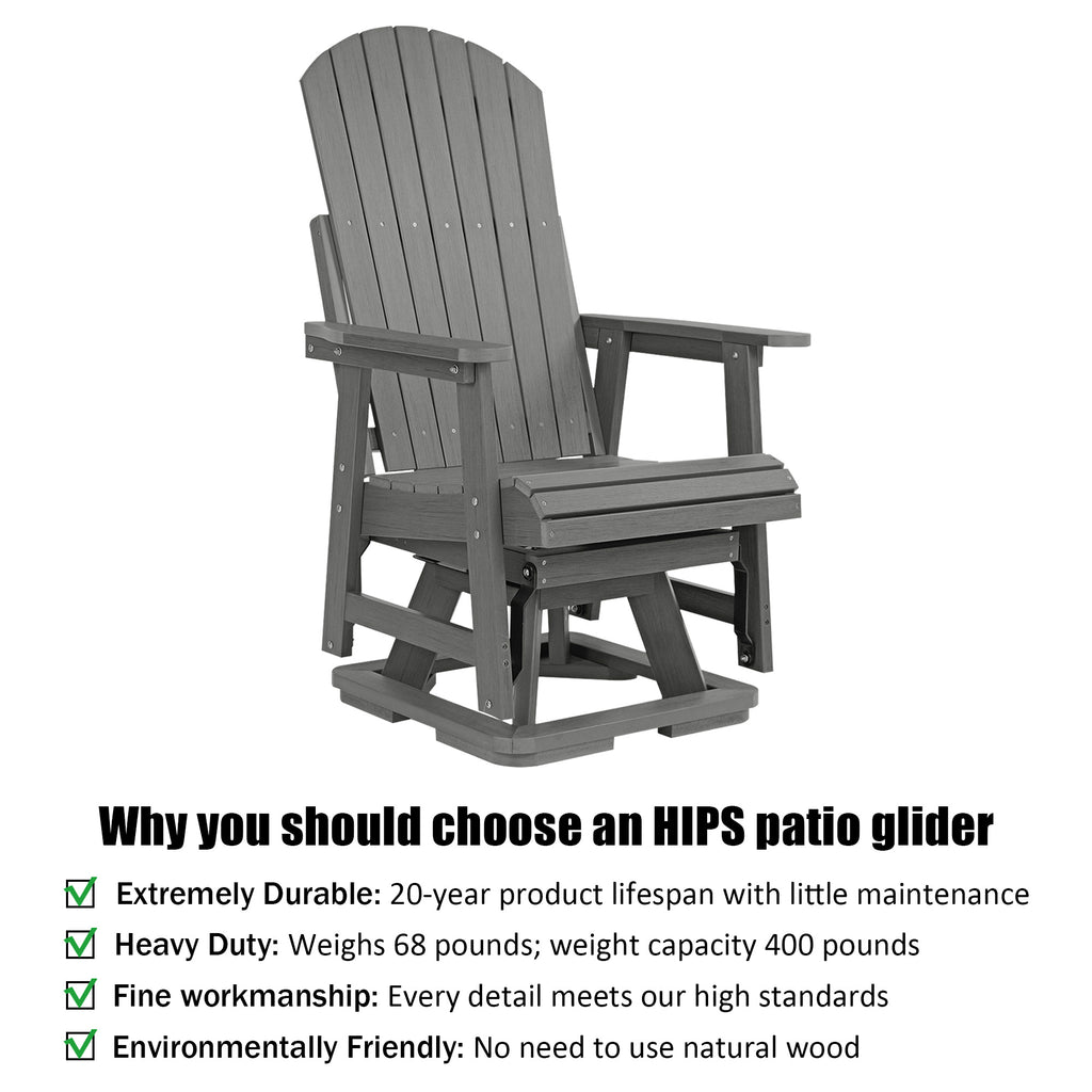HIPS Swivel Patio Glider, Poly Lumber Weather Resistant Outdoor Chair, for Patio, Porch, Yard (Gray)