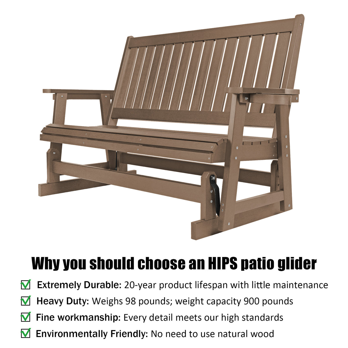 HIPS Patio Glider with Cup Holders, All-Weather Resistant, High Backrest and Deep Contoured Seat, Heavy Duty 900 LB (3 Seat - Brown)