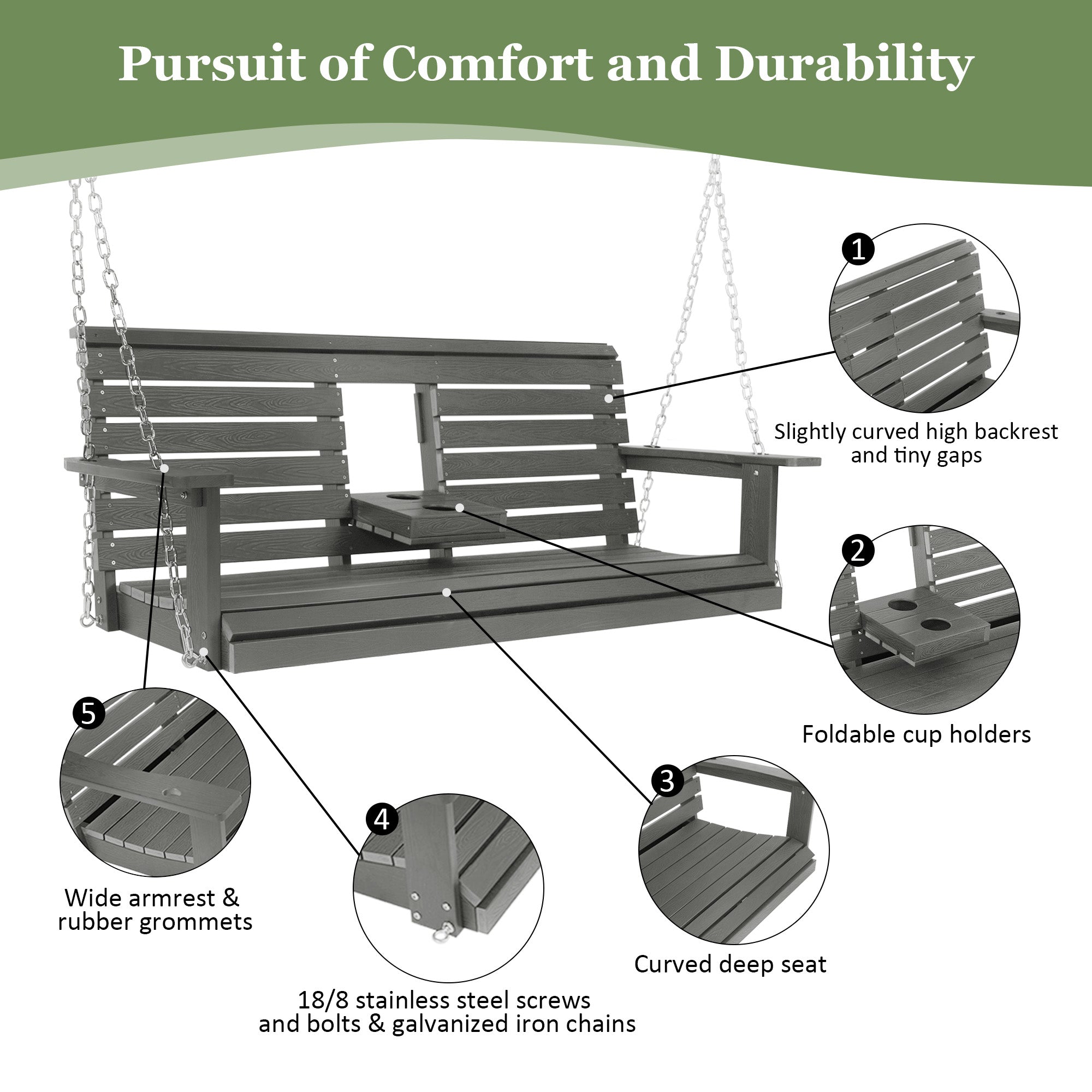 Poly Lumber 3-Seat Porch Swing, HIPS 5-Feet Bench Swing with Foldable Cup Holders,18/8 Stainless Steel Hardware, High Backrest and Deep Contoured Seat (Gray, 5-feet)
