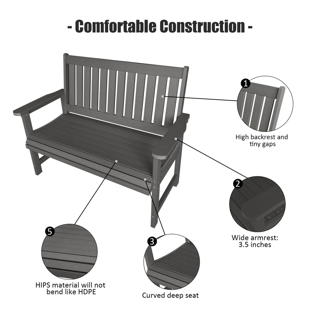 Poly Lumber Outdoor Bench, HIPS All-Weather Bench, Never Rots or Fades, for Patio, Porch, Garden and Park, 700 lbs Weight Capacity (Gray, 44-inch)