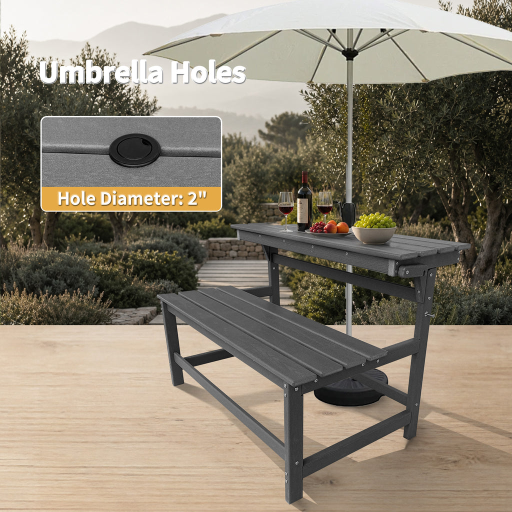 HDPE Convertible Bench Dinning Table with Umbrella Hole for Garden,Patio,Backyard