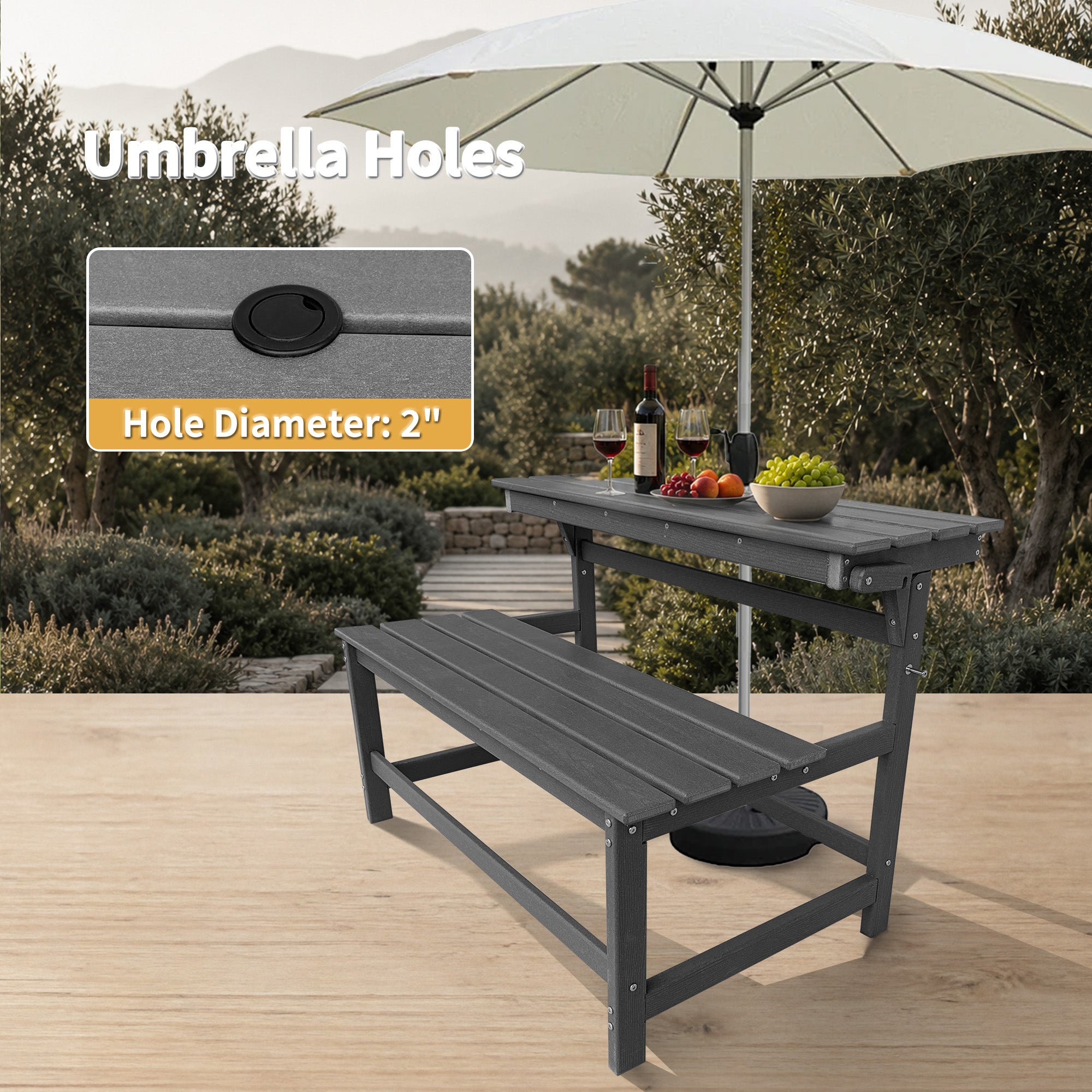 HDPE Convertible Bench Dinning Table with Umbrella Hole for Garden,Patio,Backyard