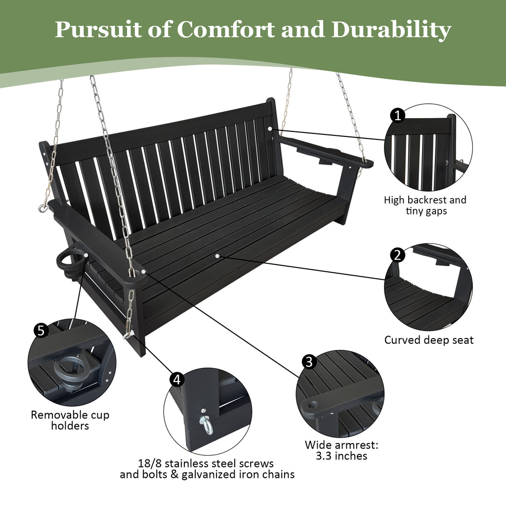 HDPE 3-Seater Porch Swing, 5-Feet Bench Swing with Foldable Cup Holders,18/8 Stainless Steel Hardware, High Backrest and Deep Contoured Seat (Black, 5-feet)