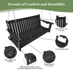 HDPE 3-Seater Porch Swing, 5-Feet Bench Swing with Foldable Cup Holders,18/8 Stainless Steel Hardware, High Backrest and Deep Contoured Seat (Black, 5-feet)