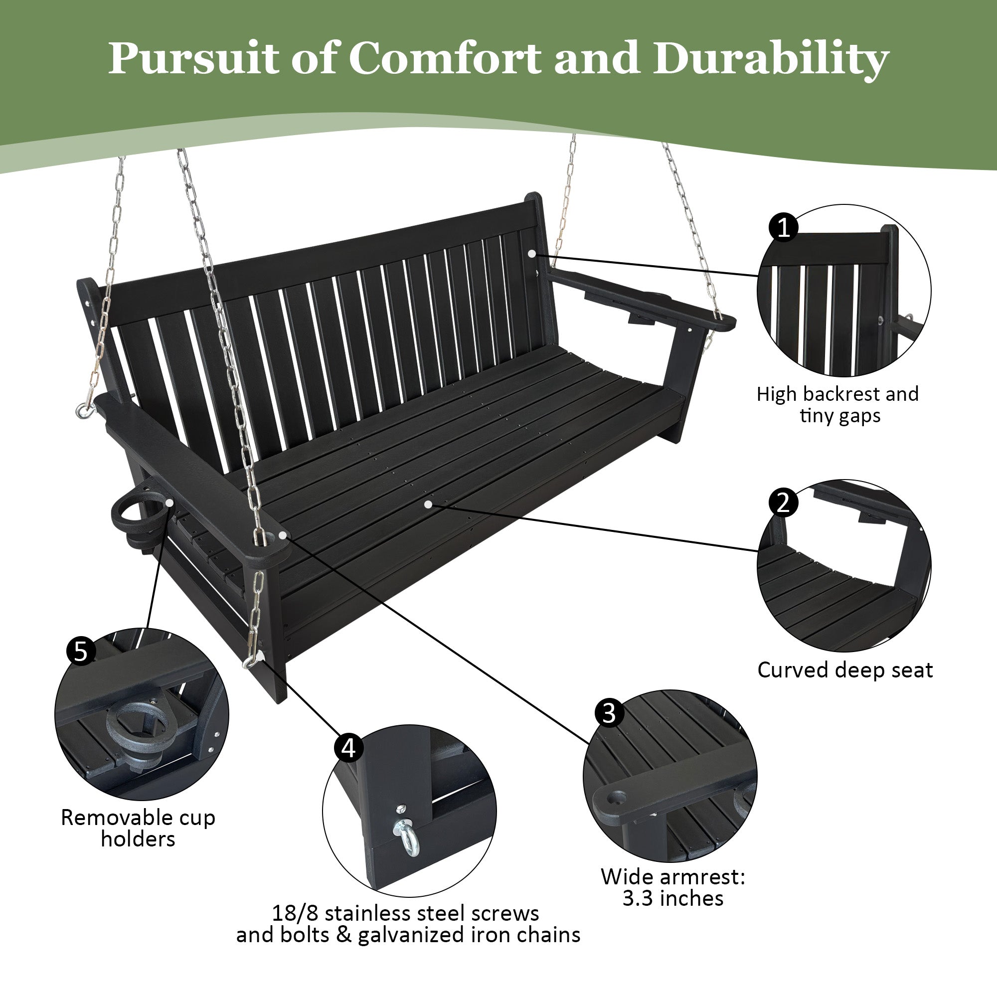 HDPE 3-Seater Porch Swing, 5-Feet Bench Swing with Foldable Cup Holders,18/8 Stainless Steel Hardware, High Backrest and Deep Contoured Seat (Black, 5-feet)