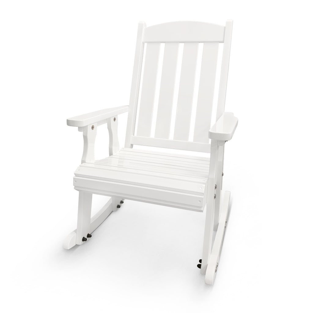 Fortune Candy Wooden Rocking Chair with Comfortable Backrest Inclination, High Backrest and Deep Contoured Seat, Solid Fir Wood, Heavy Duty 600 LBS, for Backyard, Porch and Patio (PU White)