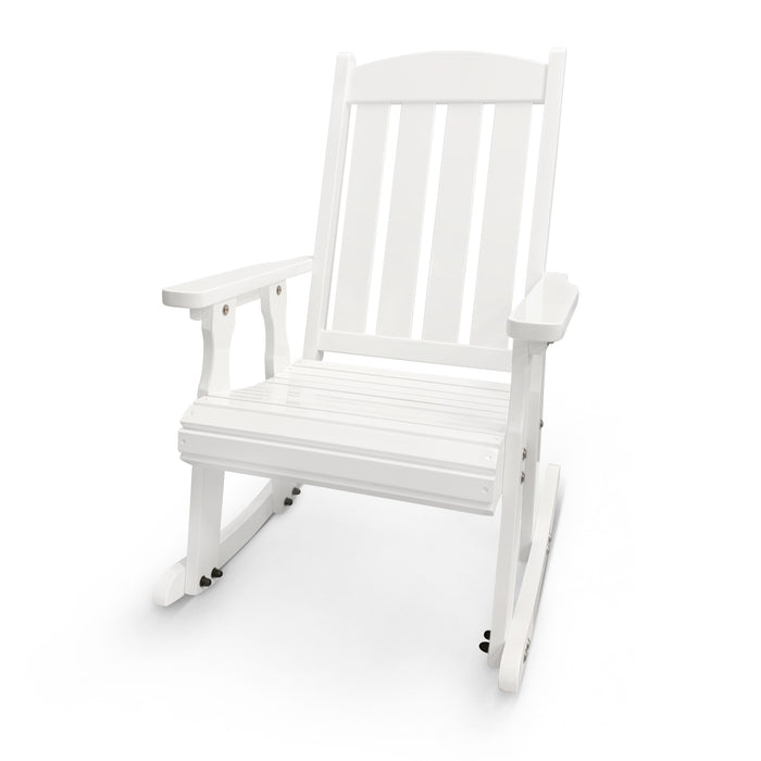 Fortune Candy Wooden Rocking Chair with Comfortable Backrest Inclination, High Backrest and Deep Contoured Seat, Solid Fir Wood, Heavy Duty 600 LBS, for Backyard, Porch and Patio (PU White)
