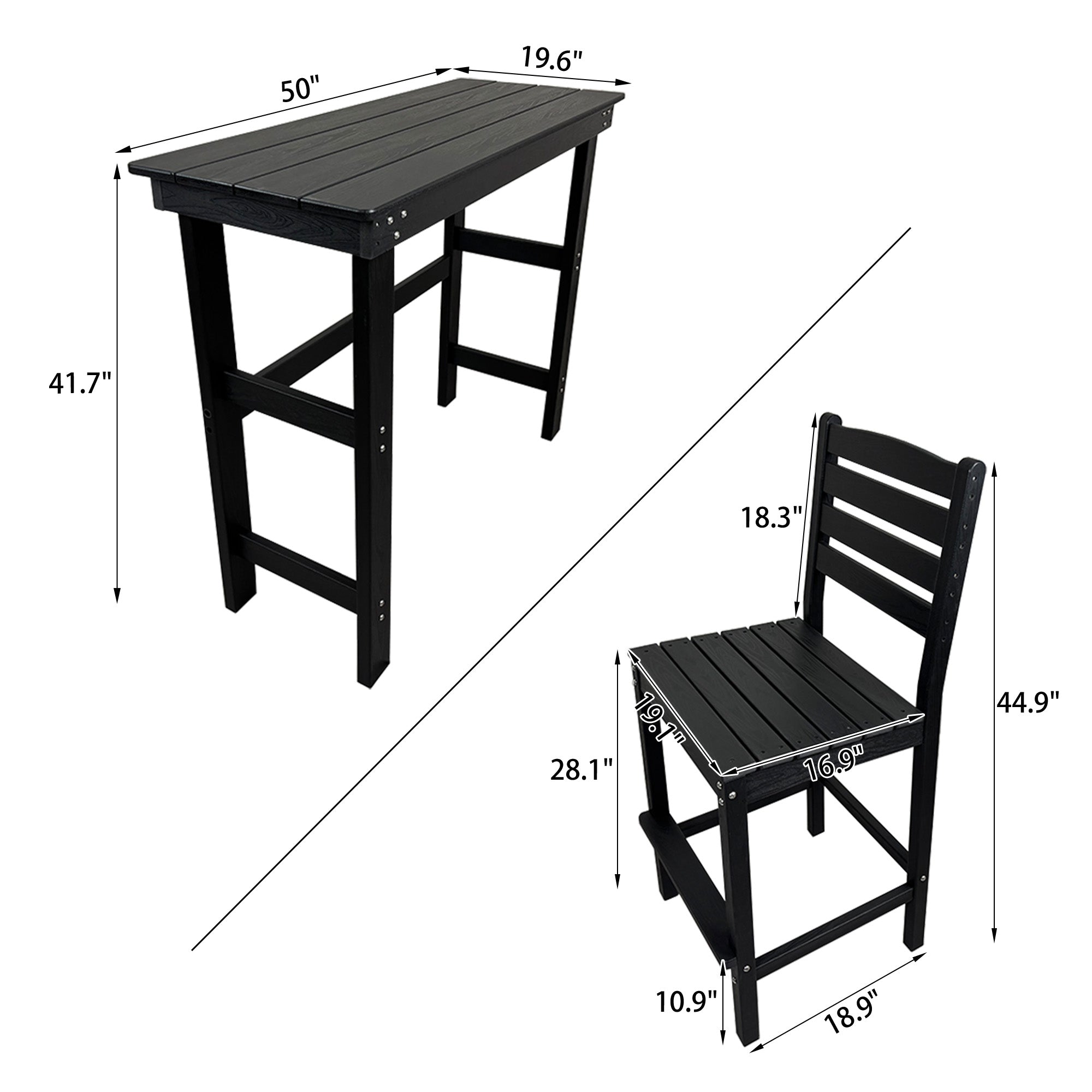 HDPE Patio Bar Set, Outdoor Bar Stools with Table, Weather Resistant, for Poolside, Garden, Yard, Balcony (Black, 3 Piece with Backrest)