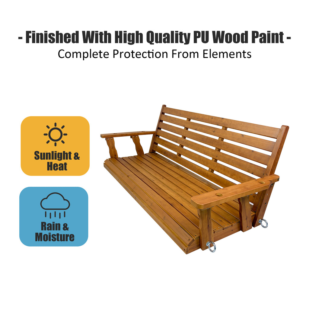 Wooden Porch Swing, Ergonomic Seat, Bench Swing with Hanging Chains and 7mm Springs, Heavy Duty 800 LBS, for Outdoor Patio Garden Yard (Warm Teak Color, 3-Seater Extra Large)