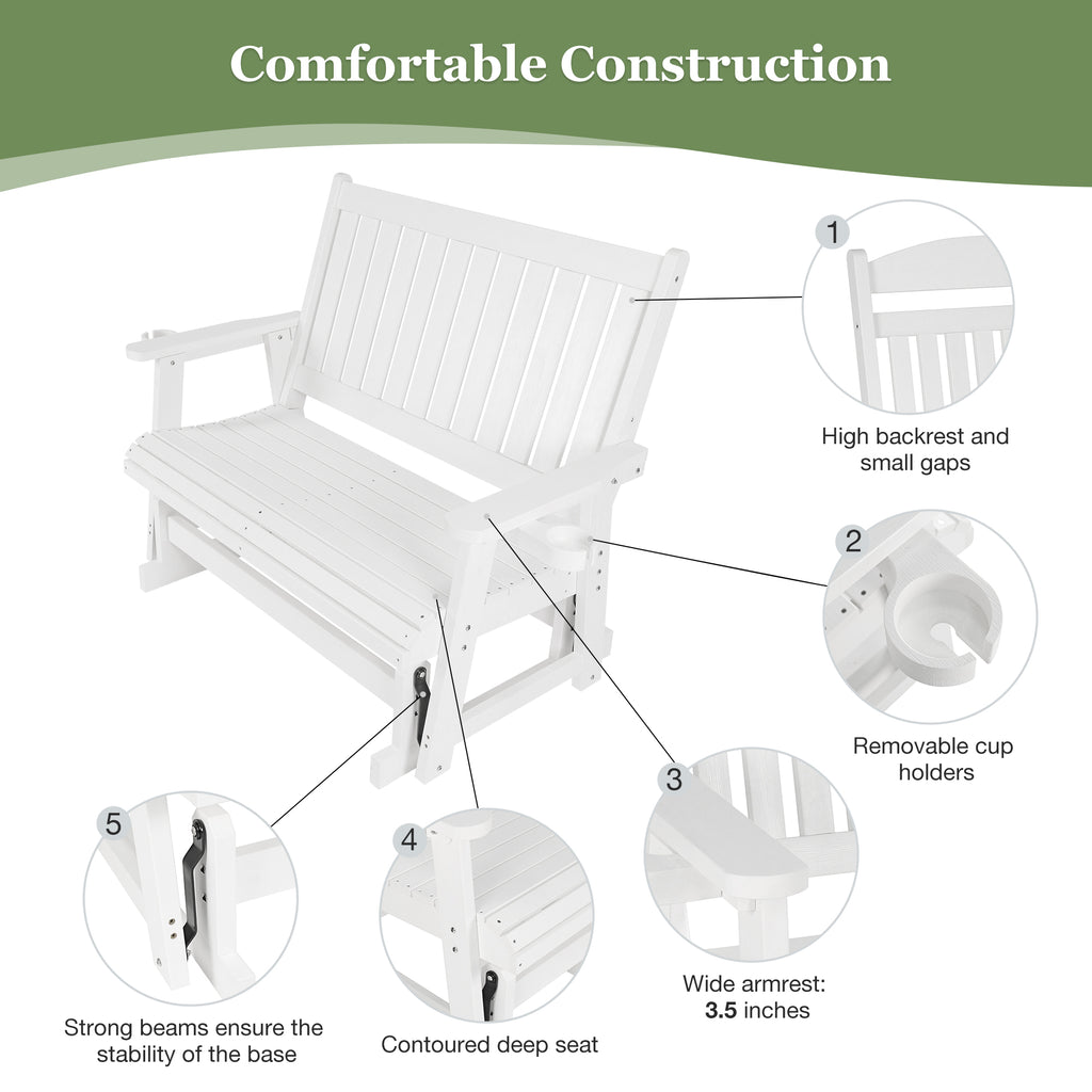 HIPS Patio Glider with Cup Holders, Durable Poly Lumber Material, All-Weather Resistant, High Backrest and Deep Contoured Seat, Heavy Duty 900 LB, for Outdoor, Porch, Patio (White, 2-Seat)
