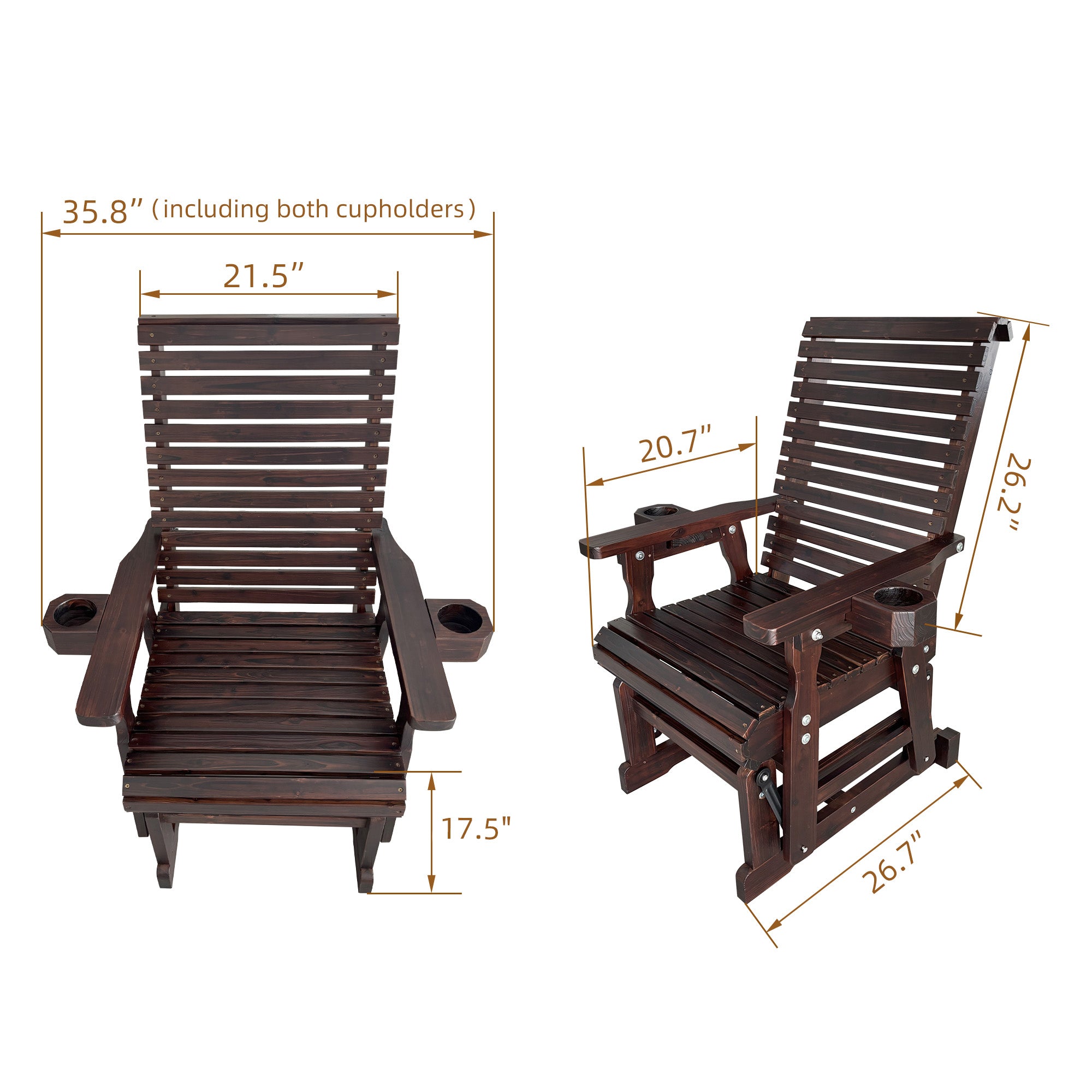 Wooden Patio Glider for One Person, with High Back and Deep Contoured Seat, Solid Fir Wood, Heavy Duty 600 LBS (Slat Back, Deep Brown)