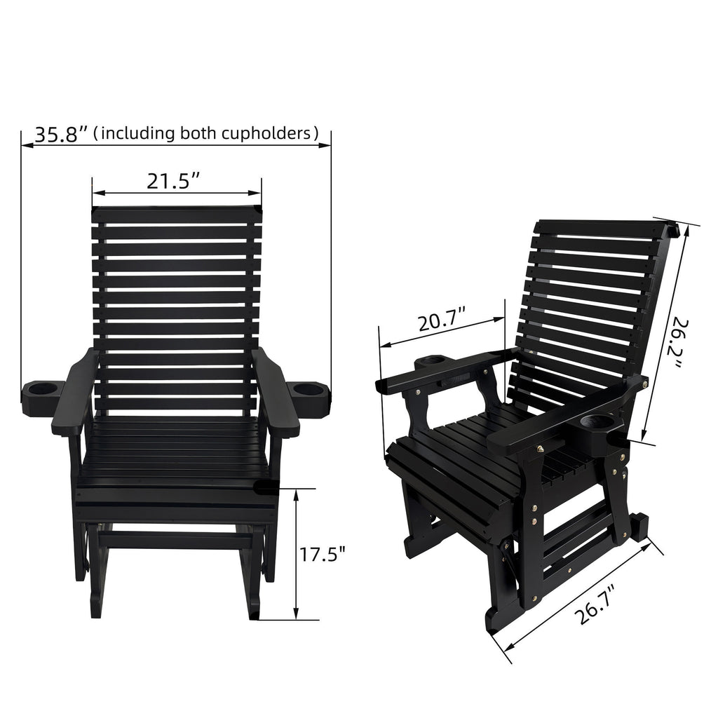 Wooden Patio Glider for One Person, with High Back and Deep Contoured Seat, Solid Fir Wood, Heavy Duty 600 LBS (Black, 1-Seater)