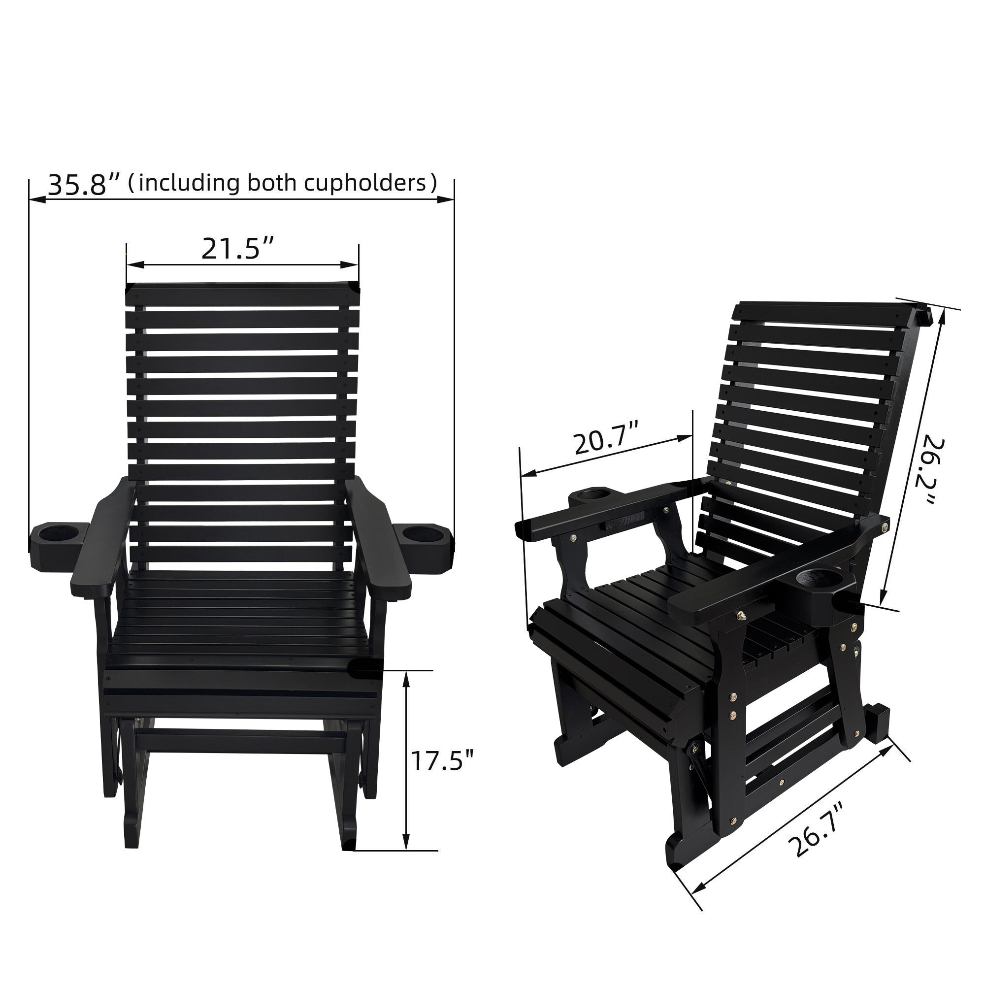 Wooden Patio Glider for One Person, with High Back and Deep Contoured Seat, Solid Fir Wood, Heavy Duty 600 LBS (Black, 1-Seater)