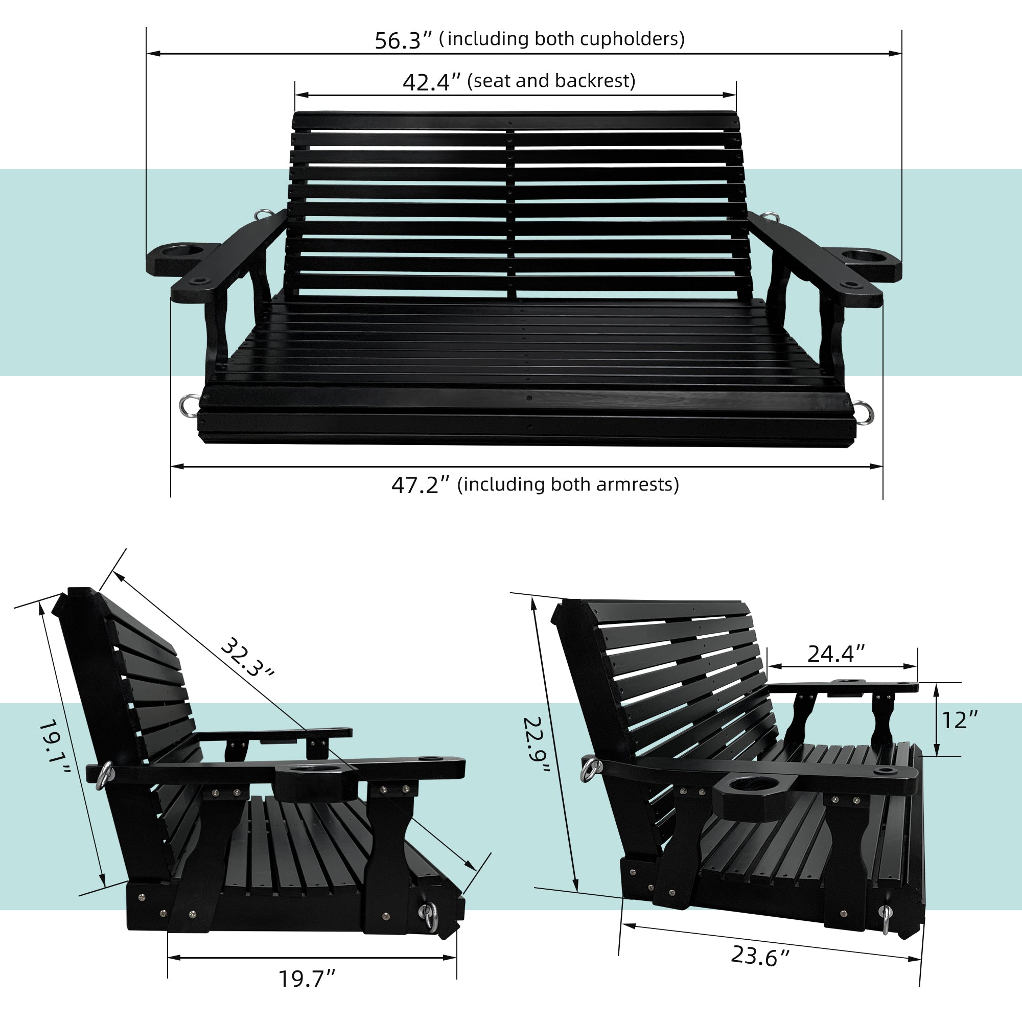 Porch Swing  4 FT Extra Large, Black