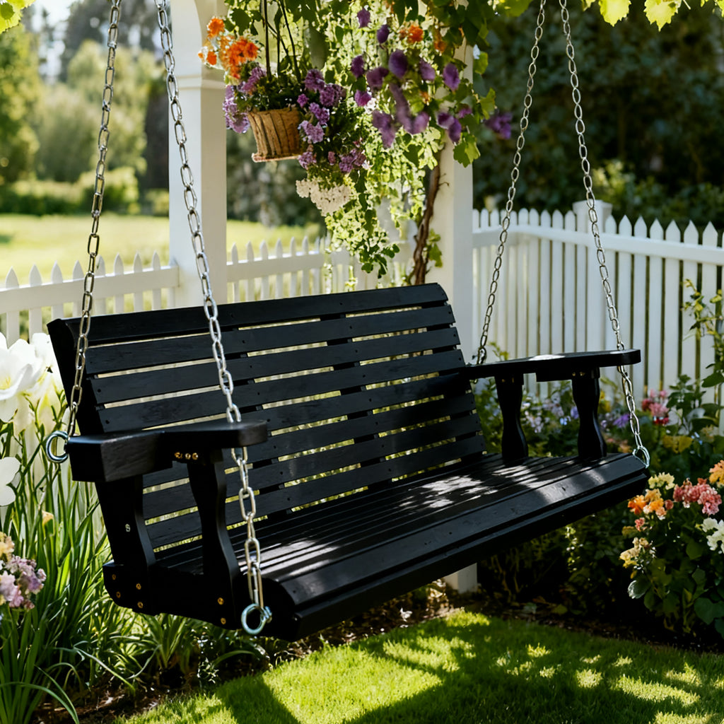 Wooden Porch Swing 3-Seater, High Backrest and Deep Seat, Bench Swing with Cupholders, Hanging Chains and 7mm Springs, Heavy Duty 880 LBS, for Outdoor Patio Garden (Carbon Black, 5 FT Extra Large)