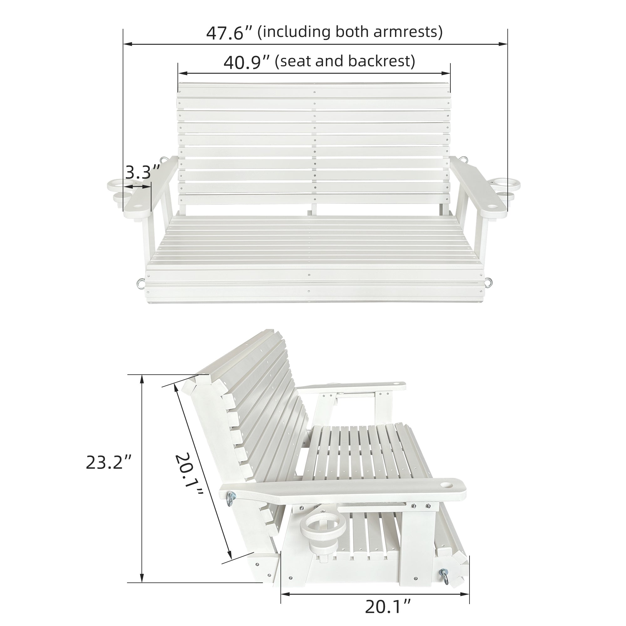 HDPE Porch Swing with 18/8 Stainless Steel Bolts, Ergonomic Design, Ultra Weather-Resistant, Heavy Duty 1200 LBS, for Outdoor Patio Garden Yard (Vanilla White)