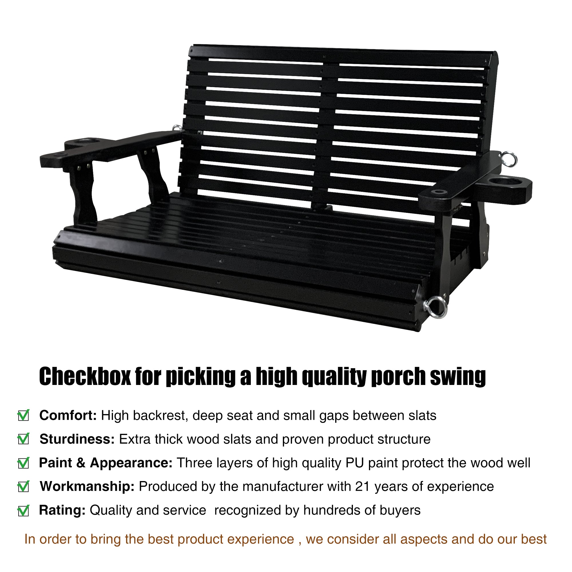 Porch Swing  4 FT Extra Large, Black