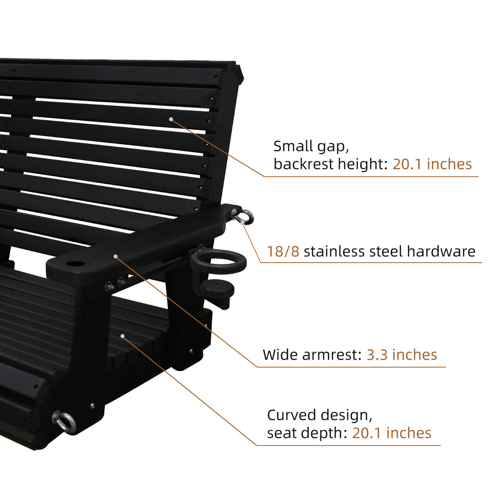 HDPE Porch Swing with 18/8 Stainless Steel Bolts, Ergonomic Design, Ultra Weather-Resistant, Heavy Duty 1200 LBS, for Outdoor Patio Garden Yard (Darknight Black)